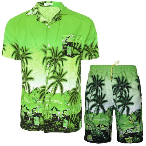 Mens Hawaiian Shirt And Shorts Set Flower Printed Holiday Beach Stag