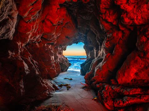 Malibu Sea Cave Sunset Red Orange Yellow Clouds Leo Carillo State Beach