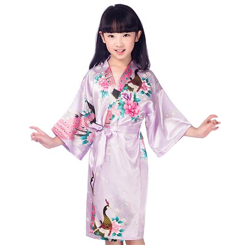 Purple Kid Satin Floral Kimono Robes Bridesmaid Flower Girl Dress