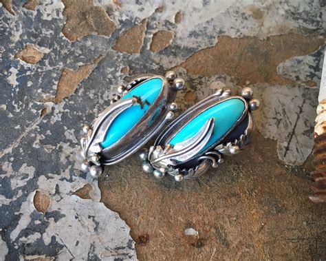 Traditional Navajo Turquoise Earrings With Sterling Silver Feather