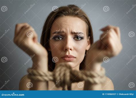 Young Woman With Tied Hands With The Rope Stock Image Image Of Hands