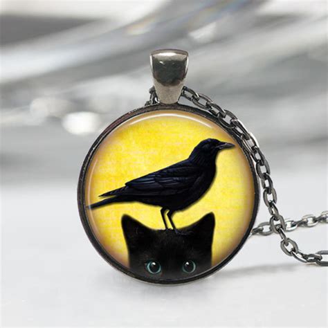 Black Cat Necklace Crow Necklace Cat Jewelry Black Bird Etsy