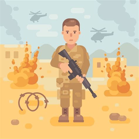 soldado con un rifle en la ilustración plana del campo de batalla fondo de escena de guerra