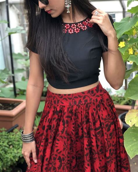 Red And Black Crop Top And Skirt Set By Threeness The Secret Label