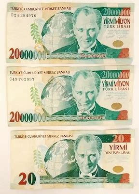 Kağıt Para 20 Milyon Türk Lirası 3 Adet Banknot kondisyonlar