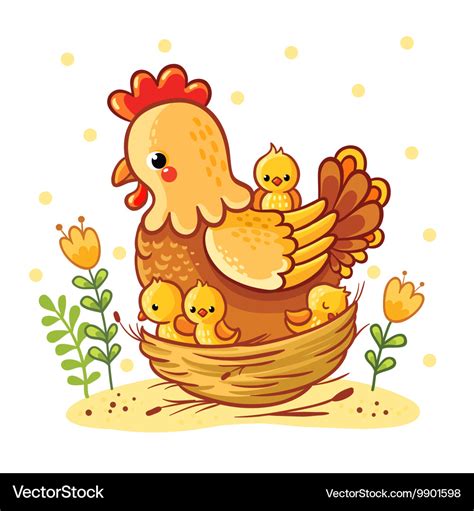 Cute Cartoon Hen With Chickens Sitting In A Basket