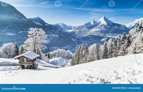 Winter Wonderland With Mountain Chalet In The Alps Stock Photo Image
