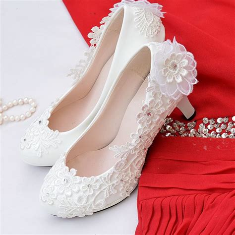 Wedding Shoes Bridal Shoes Lace Embroidery Rhinestone Shoes White High