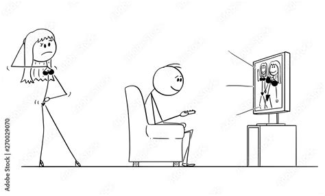 Vector Cartoon Stick Figure Drawing Of Man Sitting In Armchair And Watching Porn Or Pornography
