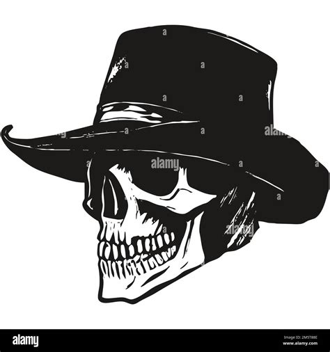 Skull Cowboy Hat Vector Hand Drawn Black And White Clip Art Stock