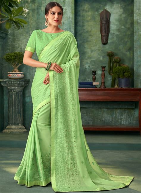 Buy Pista Green Embroidered Georgette Saree Embroidered Sari Online