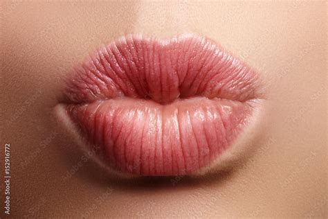 Closeup Kiss Natural Lip Makeup Beautiful Plump Full Lips On Female