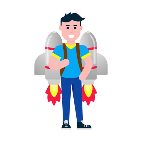 Boy Flying With Rocket Jetpack Like A Super Hero Pilot Flat Style