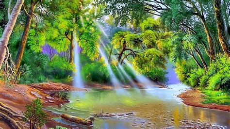 Nature River Trees With Green Leaves Sun Rays Art Hd