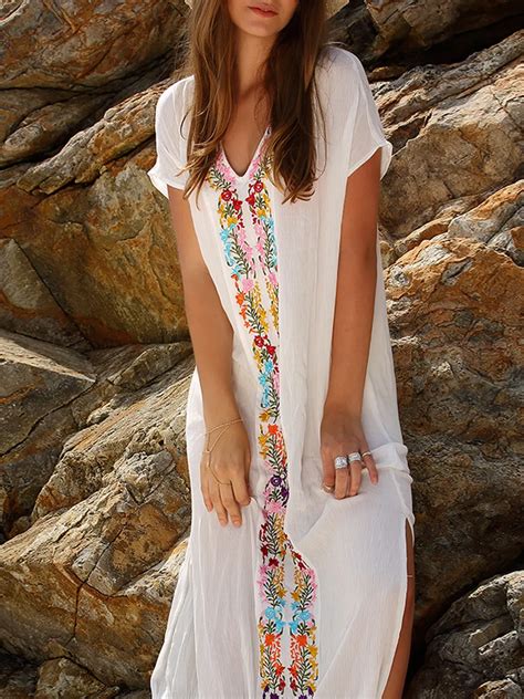 Summer Beach Long Dresses For Women Plus Size Boho White Embroidery V Neck Short Sleeve
