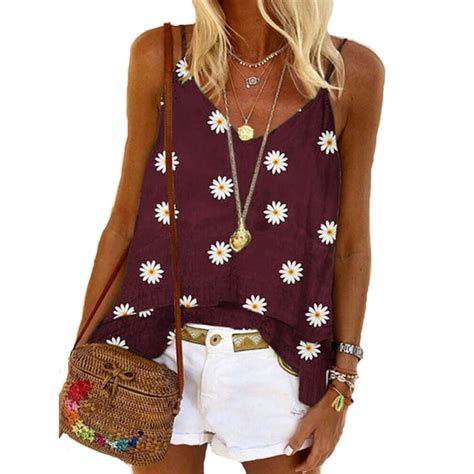 Himone Fashion Summer Sleeveless Bohemian Floral Tank Top For Women Casual Loose V Neck Top