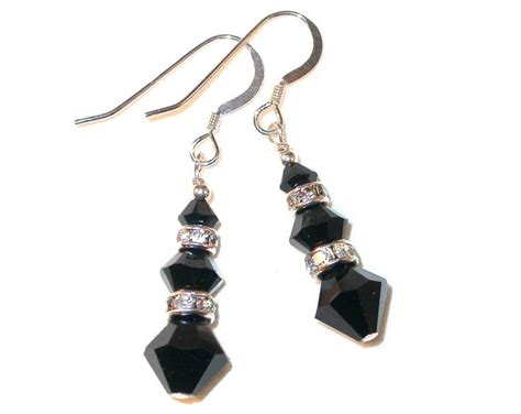 Jet Black Crystal Earrings Swarovski Elements Dangle Sterling Etsy