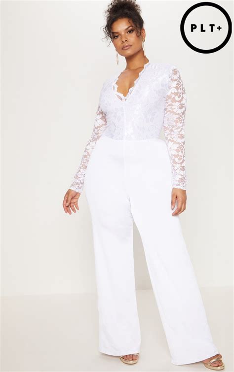 Plus White Lace Top Wide Leg Jumpsuit Prettylittlething Usa