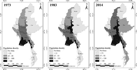 Population Density Of Myanmar In 1973 1983 And 2014 Source The