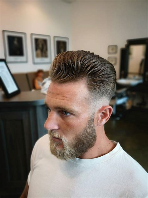 Classic Pompadour With Low Skin Fade And Beard Shape Up Side Haircut