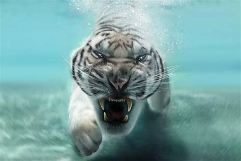 Животное хищник белый тигр в воде Открытая пасть с клыками Морда