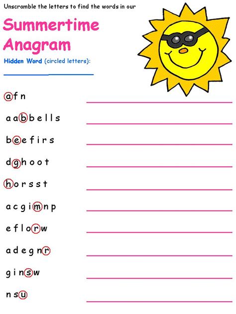 Anagram And Hidden Word Puzzle From Dltk Summer Worksheets Summer