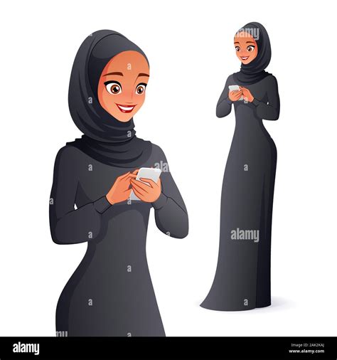 Belle Femme Musulmane Arabe Traditionnel Habillé En Hijab écrire Un Message Sur Téléphone Mobile