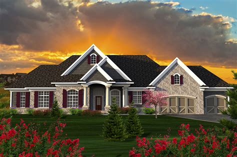 Ranch home with gable style front porch. Sprawling Craftsman Ranch House Plan - 89922AH ...