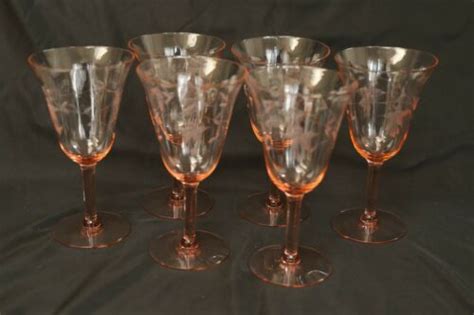 Set Of Vintage Pink Depression Glass Floral Etched Optic Ribbed Wine Glasses Antique Price
