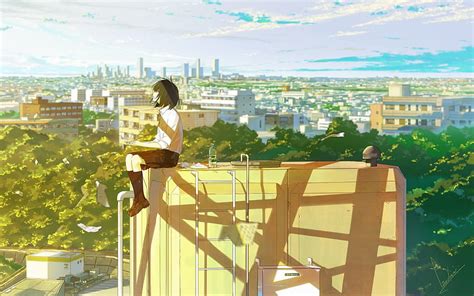 2k Free Download Anime Girl Rooftop Cityscape Buildings Papers