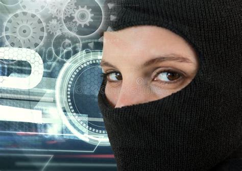 Woman Hacker Wearing An Hood In Front Of Digital Background Stock