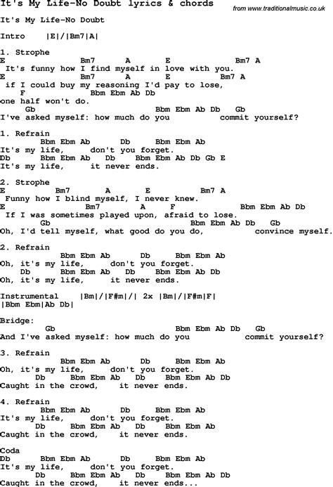Love Song Lyrics For Its My Life No Doubt With Chords For Ukulele