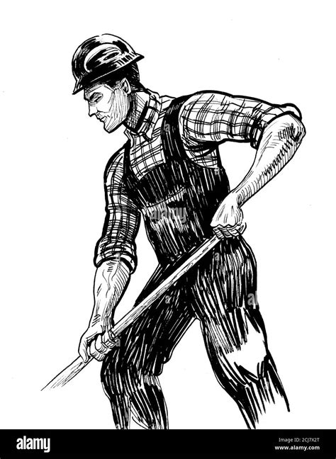 Construction Worker Ink Black And White Drawing Stock Photo Alamy