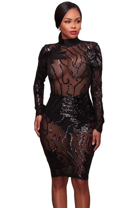 Sexy Woman Clothes Clubwear Lady See Through Club Long Sleeves Mesh Sequin Decor High Neck
