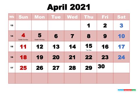 It is also marked as a jazz appreciation month. April 2021 Printable Monthly Calendar with Holidays | Free ...