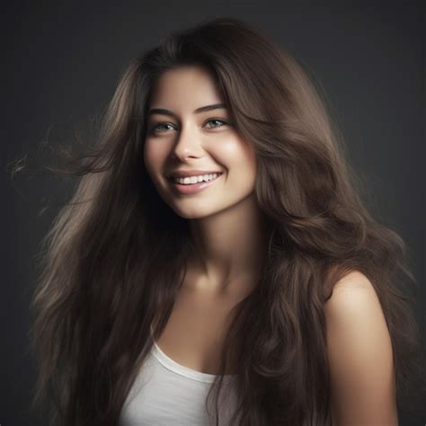 Premium Ai Image A Woman With Long Brown Hair And A White Tank Top Is Smiling