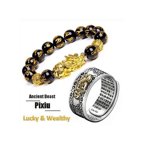 Shop Fashion Feng Shui Pixiu Obsidian Stone Wealth Bracelet Ring Set