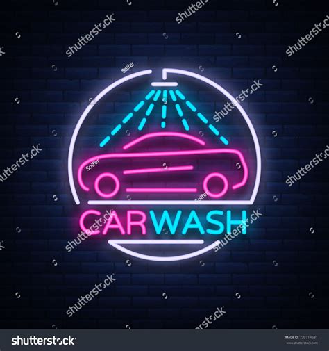 Car Wash Logo Design Emblem In Neon Style Vector Illustration Template Concept Luminous Sign