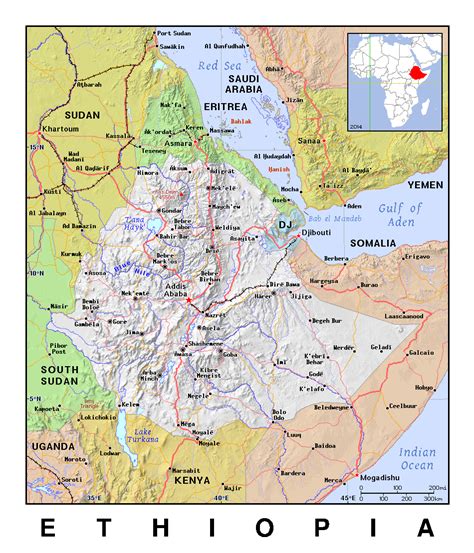 Detailed Political Map Of Ethiopia With Relief Ethiopia Africa