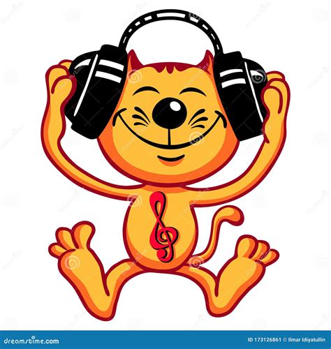 Funny Cartoon Cat Music Lover Listens To Music With Headphones Orange