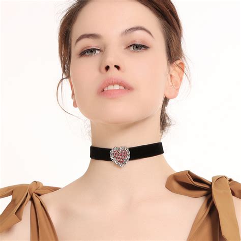 Women Chokers Necklace Fashion Red Blue Crystal Heart Ribbon Necklace