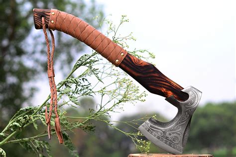 Cutting And Carving Custom Handmade Bearded Viking Axe With Leather