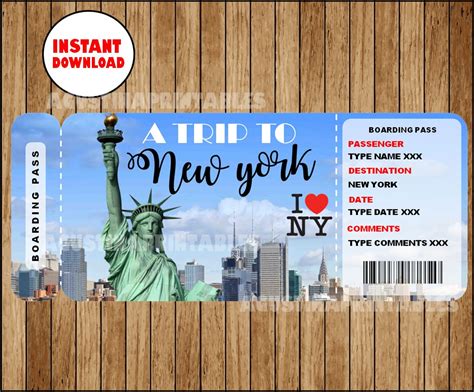 Printable Ticket To New York Boarding Pass Customizable Template Editable Digital File You
