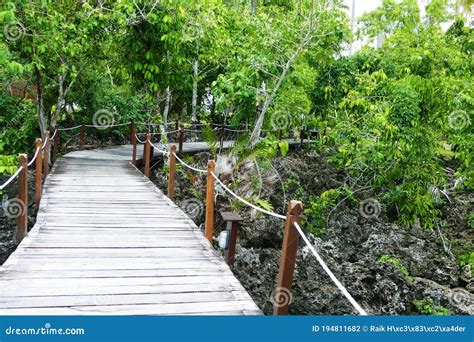 Winding Wooden Walkway With Handrail Leads Over Volcanic Island Rock To