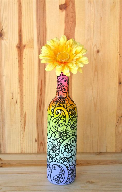 Pastel Rainbow Colored Hand Painted Wine Bottle Vase Hand Painted