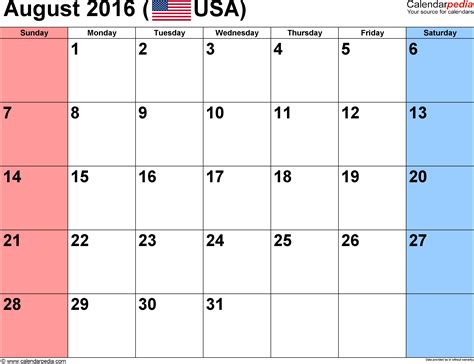 August 2016 Calendar Templates For Word Excel And Pdf