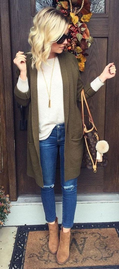 Womens Ripped Jeans Green Cardigan Ripped Jeans Pretty Winter Outfits Winter Outfits