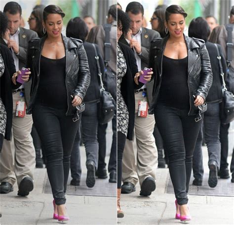 Heavily Pregnant Alicia Keys Skinny Jeans Leather Jacket Hot Pink Heels
