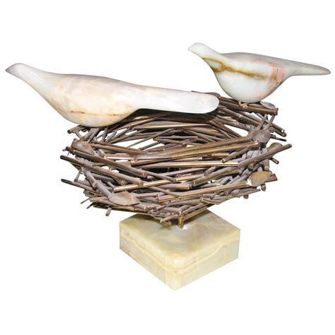 Rare Curtis Jere Mixed Material Sculpture Bird Nest Birds And Eggs