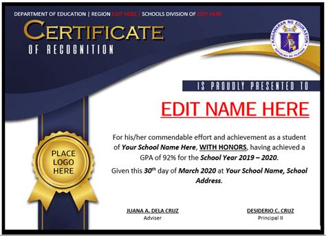 Certificates Editable Templates Free Download Deped Tambayan Certificate Of Recognition Template